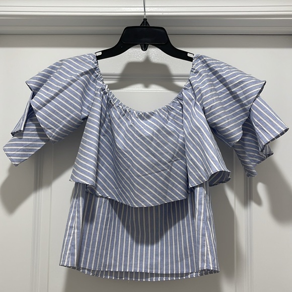 Wayf Striped Top NWT Size XS Light Blue Off Shoulder - Picture 2 of 7